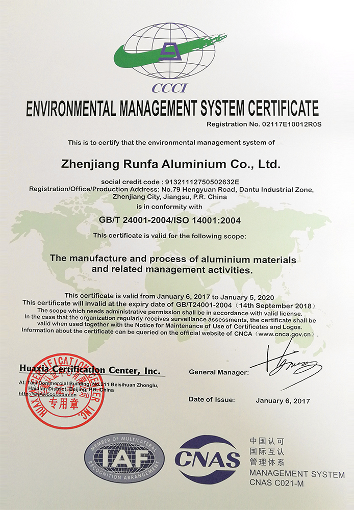 Runfa Aluminium Certificate